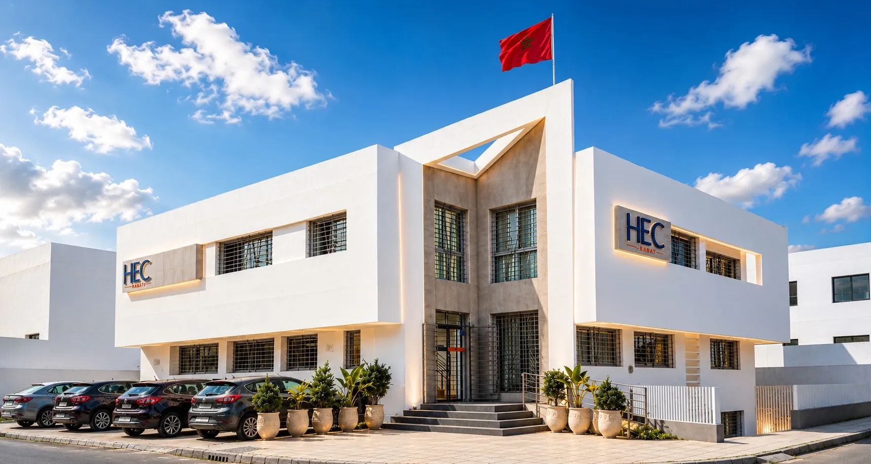 Façade du campus HEC Rabat avec drapeau marocain